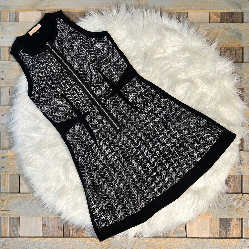 EUC [Rebecca Taylor] 100% Silk Black White Geometric Zip Midi Dress | 6 · Small